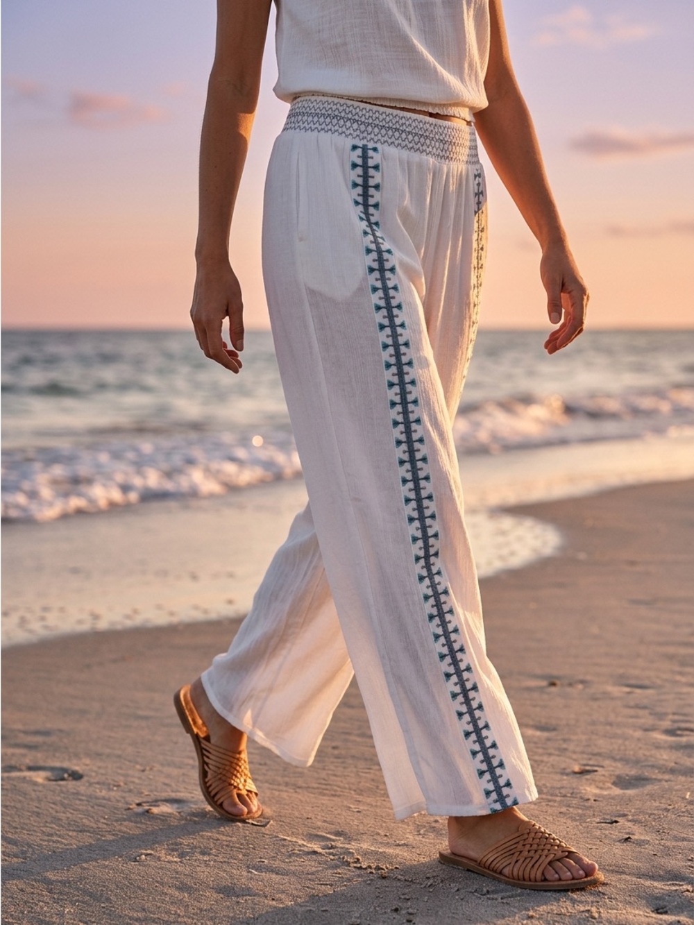 Goa Bohemian Beach Summer Embroidered Gauze Wide-Leg Pants size XL